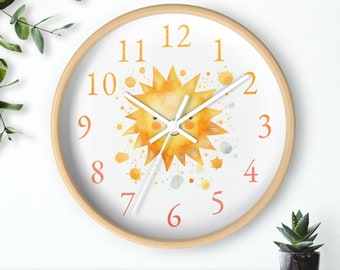 Happy Sun Wall clock, Nursery Clock Wall, New Baby Gift, Wooden Wall Clock, Cream and Yellow Nursery Wall Decor