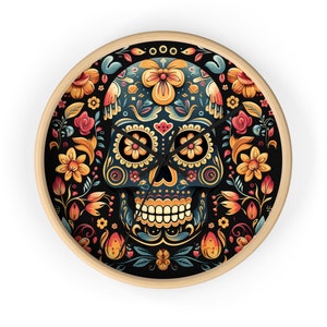 Sugar Skull Wall Clock - Colorful 10&quot; Dia de Los Muertos Clock Skeleton and Calavera Art - House Gift for Mexico and Day Of The Dead Fans