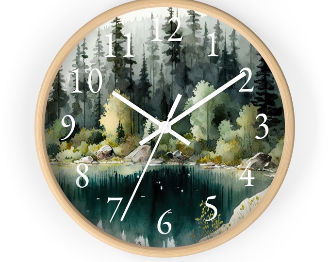 Watercolor Pine Trees and Mountains Wall Clock With Numbers, Foggy Forest Clock, Forest Wall Art, Woodland Theme Decor