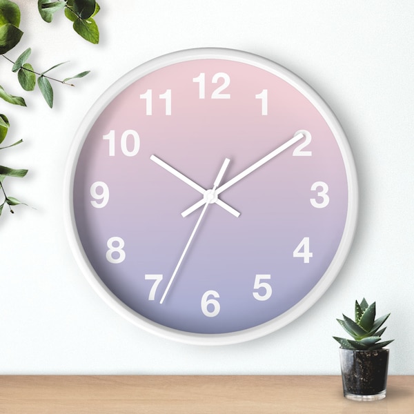 Purple Wall Clock with White Numbers, Pastel Wall Clock, Minimalist Wall Clock, Scandinavian Wall Clock, Wooden Frame Wall Clock, Natural