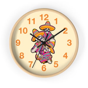 Sugar Skull Wall Clock - Colorful 10&quot; Dia de Los Muertos Clock Skeleton and Calavera Art - House Gift for Mexico and Day Of The Dead Fans