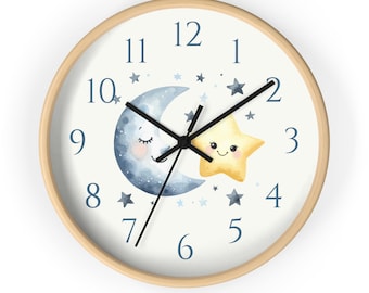Nursery Clock, Moon and Stars Clock Design, Kids Wall Clock, Minimalist Nursery Decorative Clocks, Baby Shower Gift Idea