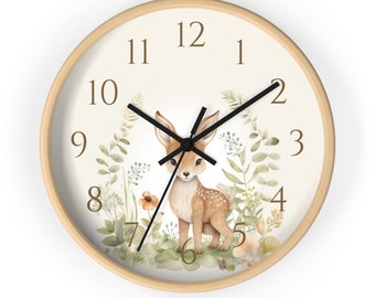Woodland Nursery Wall Clock, Kids Clock, Woodland Theme Decor, Deer, Nursery Decor Gift, Gender Neutral Kids Gift