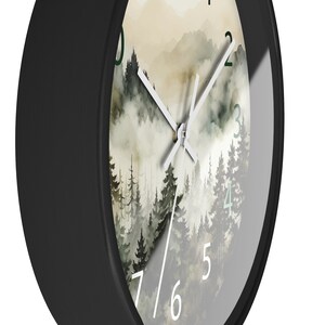 Watercolor Pine Trees and Mountains Wall Clock With Numbers, Foggy Forest Clock, Forest Wall Art, Woodland Theme Decor image 6