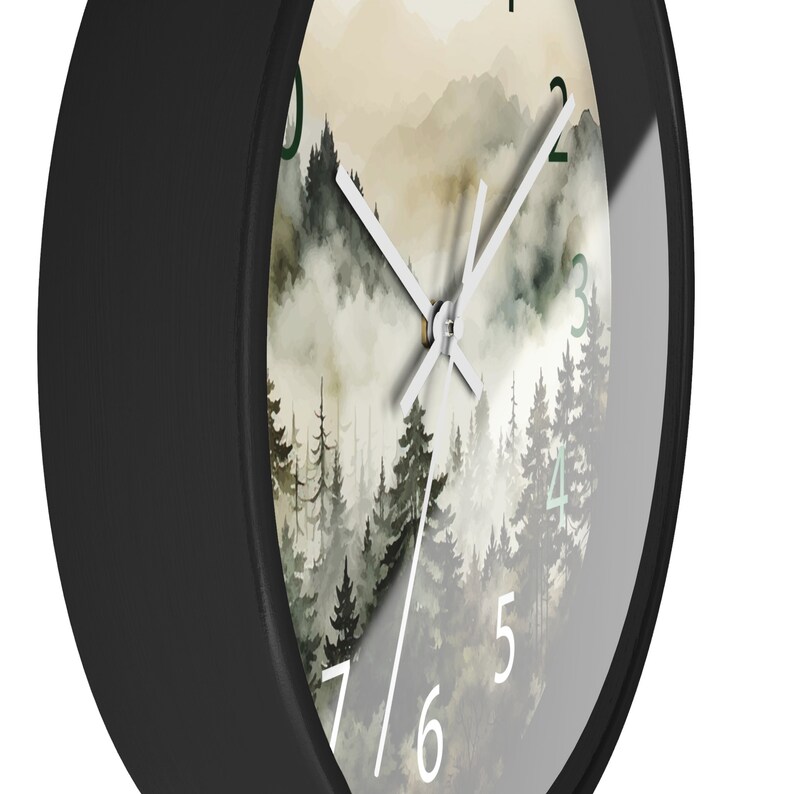 Watercolor Pine Trees and Mountains Wall Clock With Numbers, Foggy Forest Clock, Forest Wall Art, Woodland Theme Decor image 6