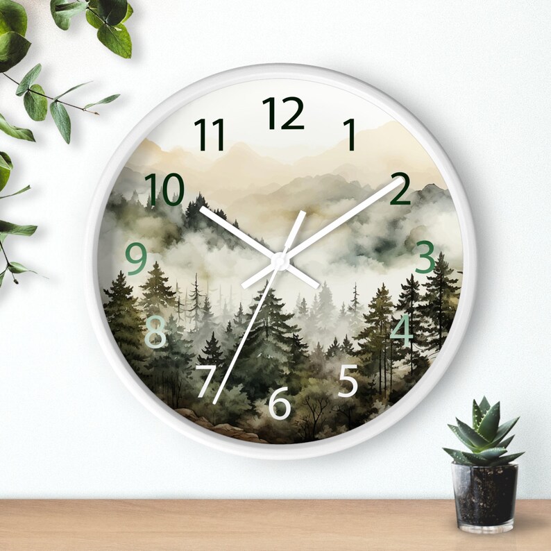 Watercolor Pine Trees and Mountains Wall Clock With Numbers, Foggy Forest Clock, Forest Wall Art, Woodland Theme Decor image 8