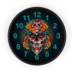Sugar Skull Wall Clock - Colorful 10&quot; Dia de Los Muertos Clock Skeleton and Calavera Art - House Gift for Mexico and Day Of The Dead Fans