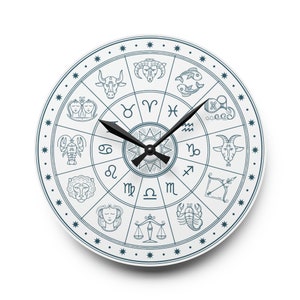 May include: White round wall clock featuring a teal zodiac design. The clock face displays zodiac symbols and constellations around the perimeter. Black clock hands point to the current time. The clock is a decorative item.