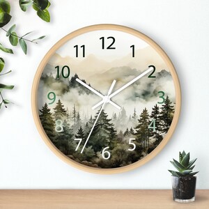 Watercolor Pine Trees and Mountains Wall Clock With Numbers, Foggy Forest Clock, Forest Wall Art, Woodland Theme Decor image 10