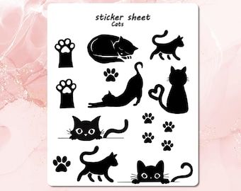 Cat Sticker Sheet, Black Cat Stickers, Bullet Journal Stickers, Planner Stickers, Scrapbook Stickers, Animal Stickers, Pet Stickers