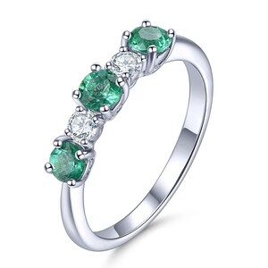 Natural Emerald Ring in Silver, Green Gemstones Minimalist Ring, Alternating Emerald and White Zircon Silver Band