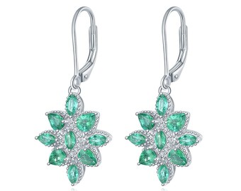 Leaf Shape Real Emerald Earrings in Silver with Diamond, Natural Zambian Emerald Dangle Earrings, Silver Dangle Earrings