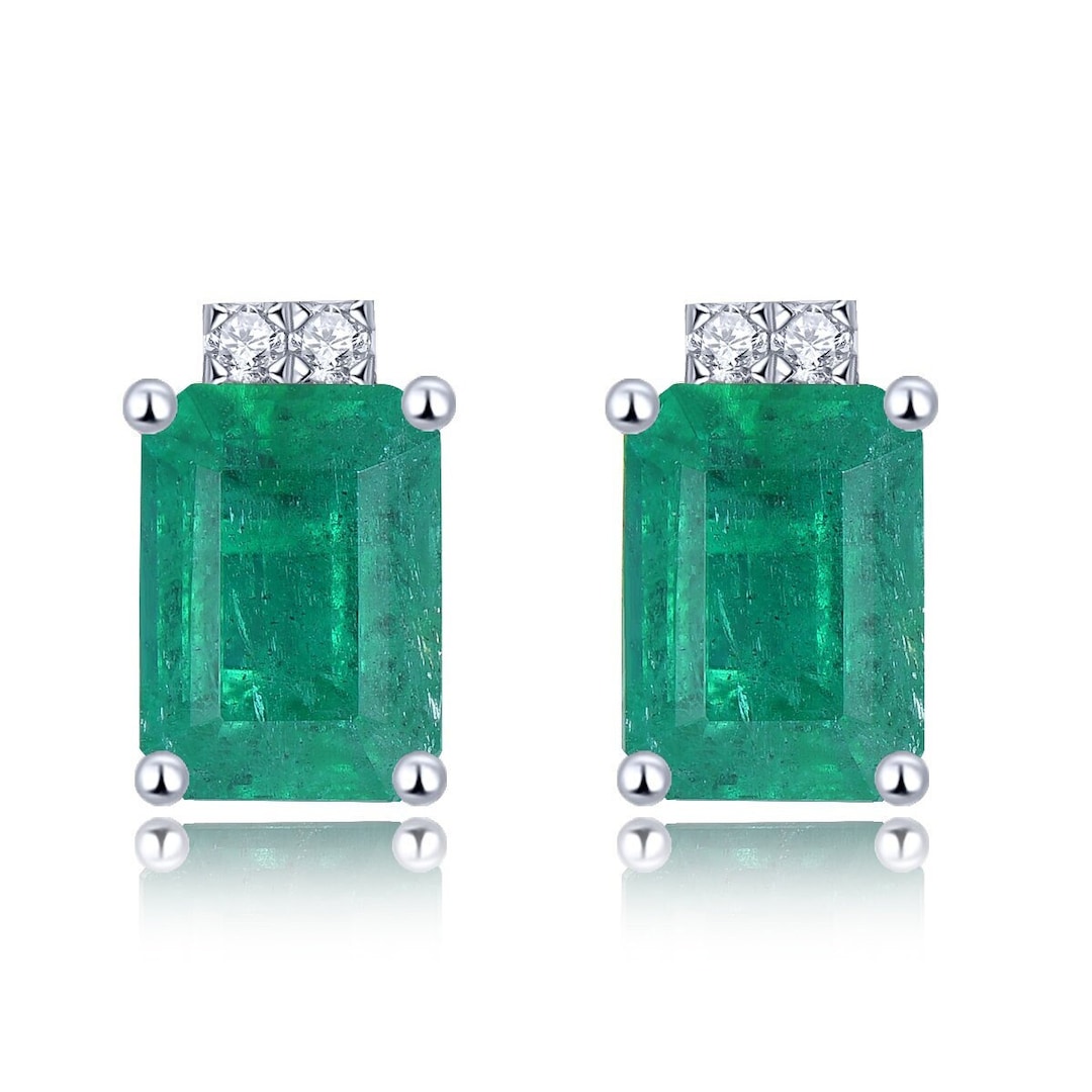 Emerald Cut Emerald Earrings With Diamond and Gold, Green Gemstone