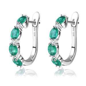 Emerald Hoop Earrings Sterling Silver Huggies, Gemstone Hoop Earrings with Charm,  Small Hoop Earrings