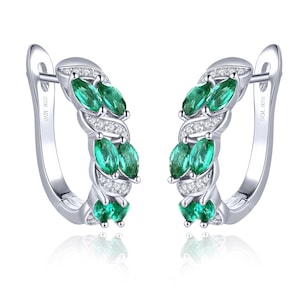 Emerald Small Hoop Earrings in silver, Real Emerald Stud Huggies