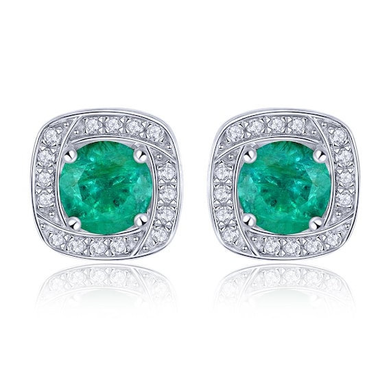 Boucles D'oreilles Puces émeraude - Forme Carrée, Or Sur Argent Sterling, Neuves