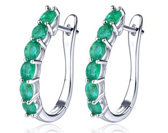 Natural Emerald Hoop in Silver, Precious Gemstones Earrings for Everyday Wear, May Birthstone Hoop Gift for Her, Multiple Stones Earrings