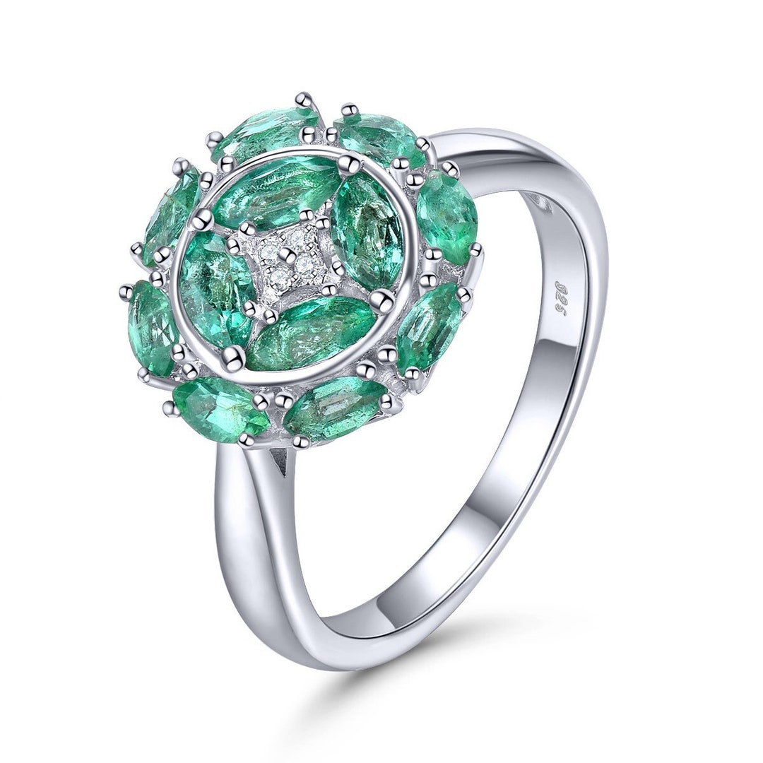 Round Green Emerald and Diamond Engagement Ring in Silver Women Gift ...