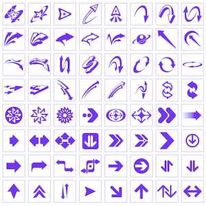 May include: A collection of 81 purple arrow icons, including curved, straight, and double-headed arrows, as well as symbols like stars, circles, and squares.