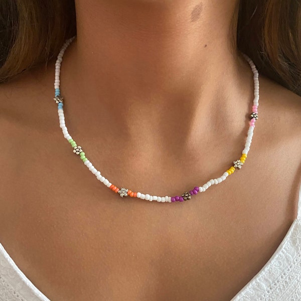 Stretch Silver Flowers and Beaded Necklace, Bracelet or Anklet. Multi-colored 3 in 1