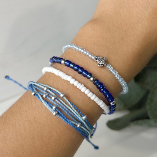 Summer Ocean Stackable Beads Bracelets and Choker/Necklace. Silver Turtle and Seashell. Blue and White Adjustable and Stretch Bracelets