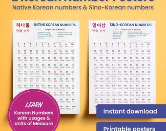 2 Printable Korean Number Posters, Native Korean numbers & Sino-Korean numbers, Instant Download, Hangul numbers, Study Korean numbers 1-100