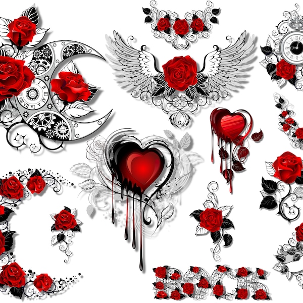 Rose Heart Angel Wings Rock Steampunk Moon Png, Pdf, Sublimation Png Bundle Design, Rose Clipart,Red Rose Png,Tshirt Design, Wedding