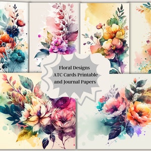 Floral Design Watercolor Journal Cards Atc, Digital Paper, Printable Journaling Cards, Scrapbooking, Printable Pages, Atc Cards Printable