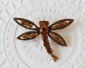 Bronze Dragonfly Brooch: Crystal Insect Pin, Nature Jewelry