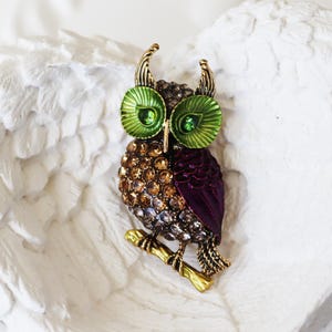 Vintage Owl Brooch, Colorful Crystal Insect Pin, Whimsical Bronze Bird Jewelry, Green Eyes Colorful Owl Gift for Her
