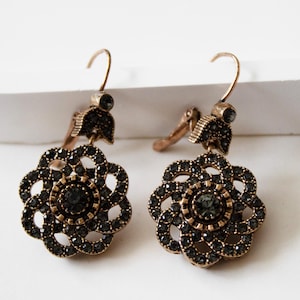 Gothic Floral Drop Earrings, Antique Bronze Filigree Earrings with Black Crystals, Vintage Statement Jewelry, Gift for Her