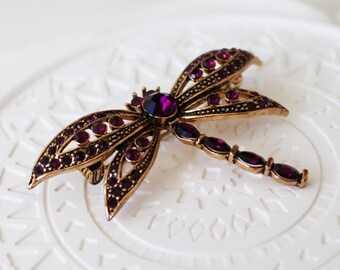 Bronze Dragonfly Brooch, Zircon Crystal Insect Pin, Vintage Bohemian Jewelry
