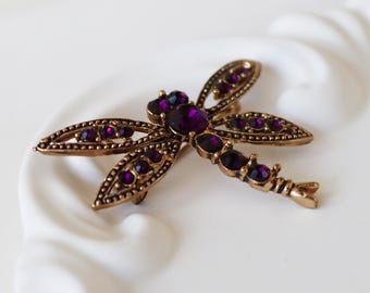 Bronze Dragonfly Brooch: Crystal Zircon Insect Pin, Bohemian Jewelry