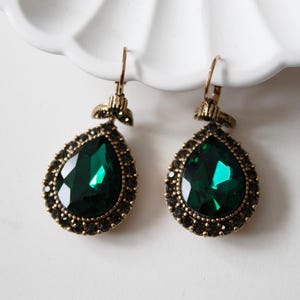 Bronze Drop Earrings, Emerald Green Rhinestone Dangle Earrings, Green Crystal Earrings, Victorian Era Earrings , Gift For Her