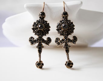 Gothic Cross Dangle Earrings: Bronze Black Marcasite Victorian Style