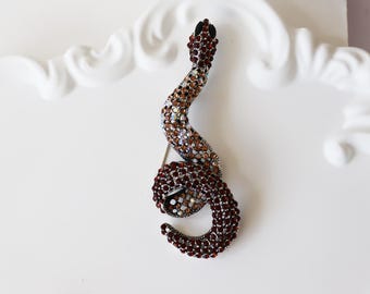 Gothic Snake Brooch: Bronze Serpent Pin with Zircon