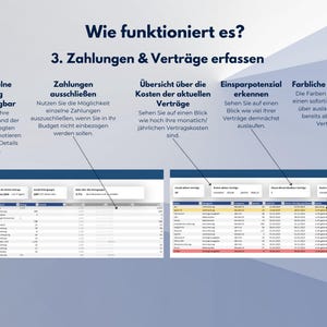 May include: A screenshot of a computer screen showing a spreadsheet with data about payments and contracts. The spreadsheet is divided into columns with headings such as "Date", "Payment Due", "Contract Amount", and "Status". The spreadsheet is color-coded to indicate the status of each payment and contract. The text "Wie funktioniert es?" is at the top of the screen, and the text "3. Zahlungen & Vertr&auml;ge erfassen" is below it.