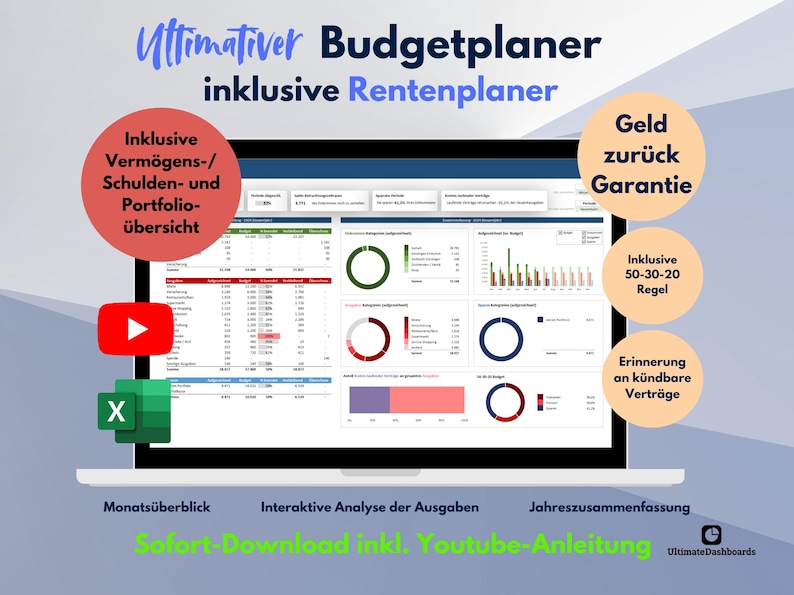 May include: A computer screen displaying a spreadsheet with charts and graphs. The spreadsheet is titled "Ultimativer Budgetplaner inklusive Rentenplaner". The text "Geld zur&uuml;ck Garantie" is in a pink circle on the right side of the screen. The text "Inklusive 50-30-20 Regel" is in a blue circle below the pink circle. The text "Erinnerung an k&uuml;ndbare Vertr&auml;ge" is in a green circle below the blue circle.