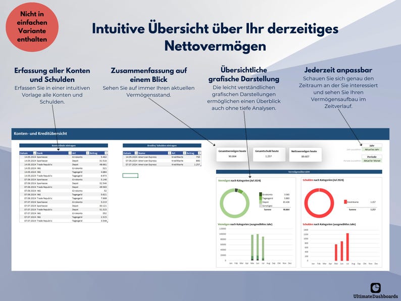 May include: A screenshot of a dashboard showing a visual overview of net worth. The dashboard includes a table, a pie chart, a bar graph, and a line graph. The dashboard is titled "Intuitive Overview of Your Current Net Worth".