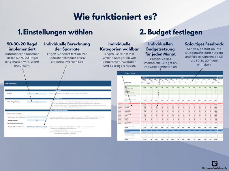 May include: A screenshot of a computer screen showing a budgeting tool. The tool has two sections. The first section is titled "Settings" and the second section is titled "Budget". The "Settings" section has a table with the following headings: "50-30-20 Rule", "Individual Calculation of Savings Rate", and "Individual Categories Selectable". The "Budget" section has a table with the following headings: "Individual Budget Setting for Each Month", and "Immediate Feedback".