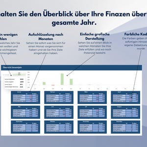 May include: A screenshot of a financial dashboard showing a year's worth of data broken down by month. The dashboard includes a bar chart, tables, and a color-coded key. The dashboard is titled "Overview of the Entire Year".