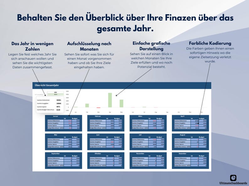 May include: A screenshot of a financial dashboard showing a year's worth of data broken down by month. The dashboard includes a bar chart, tables, and a color-coded key. The dashboard is titled "Overview of the Entire Year".