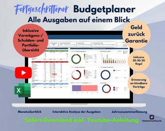 Fortgeschrittener Budgetplaner | Excel Haushaltsbuch | Vorlage | Deutsch | German | Budget | Sparen | Ausgaben | Aktien | Portfolio