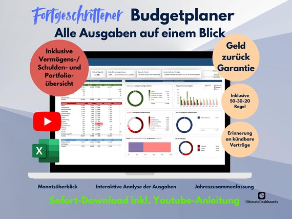 Fortgeschrittener Budgetplaner | Excel Haushaltsbuch | Vorlage | Deutsch | German | Budget | Sparen | Ausgaben | Aktien | Portfolio