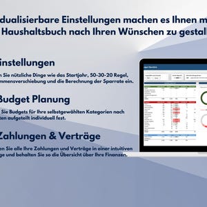 Pu&ograve; includere: Uno schermo di un laptop che mostra una dashboard finanziaria con grafici e tabelle di dati. Lo schermo &egrave; aperto accanto a un testo che descrive le impostazioni, la pianificazione del budget e i pagamenti e i contratti. Il testo &egrave; in tedesco.