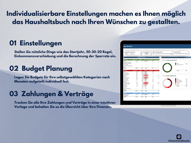 Pu&ograve; includere: Uno schermo di un laptop che mostra una dashboard finanziaria con grafici e tabelle di dati. Lo schermo &egrave; aperto accanto a un testo che descrive le impostazioni, la pianificazione del budget e i pagamenti e i contratti. Il testo &egrave; in tedesco.