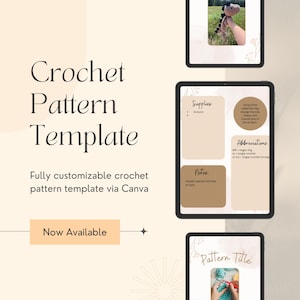 May include: A digital template for a crochet pattern, with sections for supplies, notes, abbreviations, and a title. The template is customizable and can be used to create crochet patterns for a variety of projects.