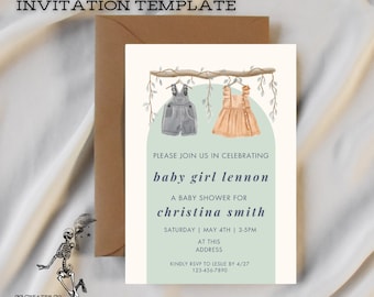 May include: A baby shower invitation with a blue and white baby overall and a peach and white baby dress hanging on a branch with green leaves. The text reads "Please join us in celebrating baby girl Lennon A baby shower for Christina Smith Saturday | May 4th | 3-5pm At this address Kindly RSVP to Leslie by 4/27 123-456-7890"