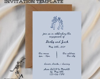 May include: A blue and white invitation card with a line drawing of two men dancing. The text reads "join us in celebrating the engagement of Darby and Jack May 25th, 2024 this venue 6pm - 10pm this address this city dinner, drinks, + dancing please RSVP to Meredith by May 18th 123-456-7890"