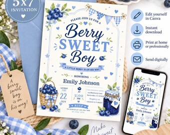 Puede incluir: Una tarjeta de invitación de 5x7 con arándanos, una cesta, un tarro y banderines de cuadros azules. El texto dice Berry Sweet Boy, en honor a Emily Johnson, con los detalles del evento, fecha, hora y lugar sobre un fondo de color blanco.
